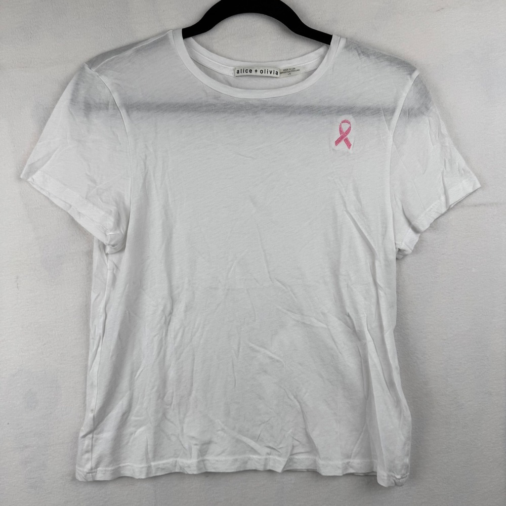 Alice + Olivia White Cotton T-Shirt‎ Womens Large Embroidered Pink Ribbon USA